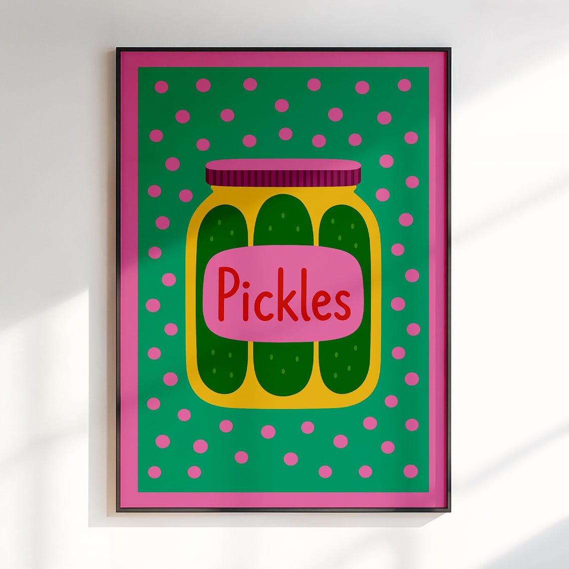 Pickles Jar Pop Art Kitchen Poster in Pink and Green Polka Dots