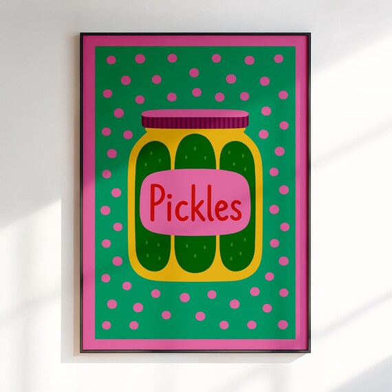 Pickles Jar Pop Art Kitchen Poster in Pink and Green Polka Dots