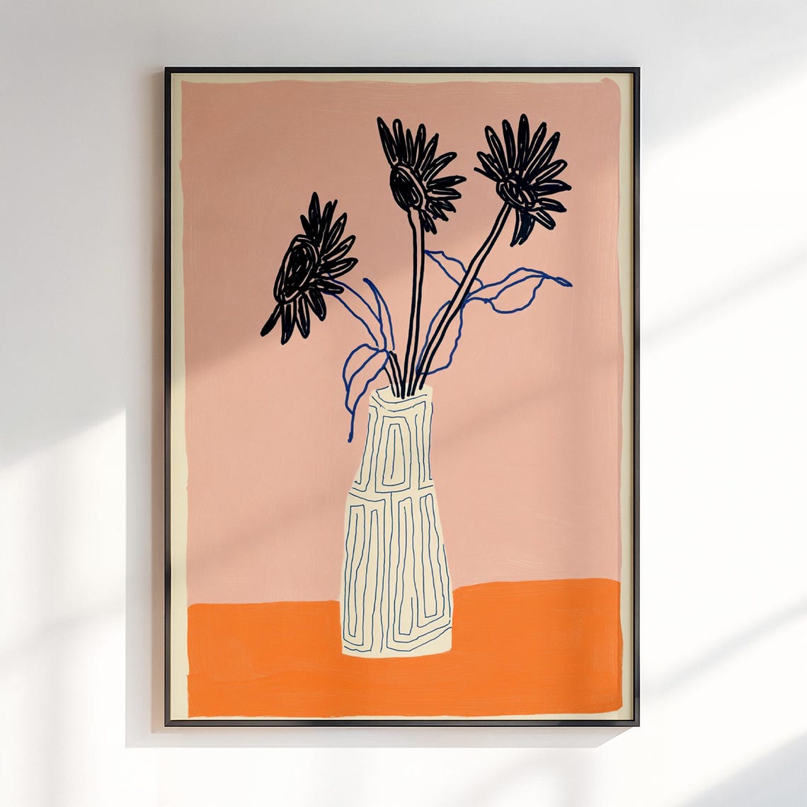 Black Daisies In Patterned Vase On Blush And Orange Modern Poster