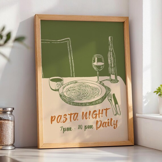 Pasta Night Daily Retro Spaghetti Wine Dinner Sage Kitchen Poster
