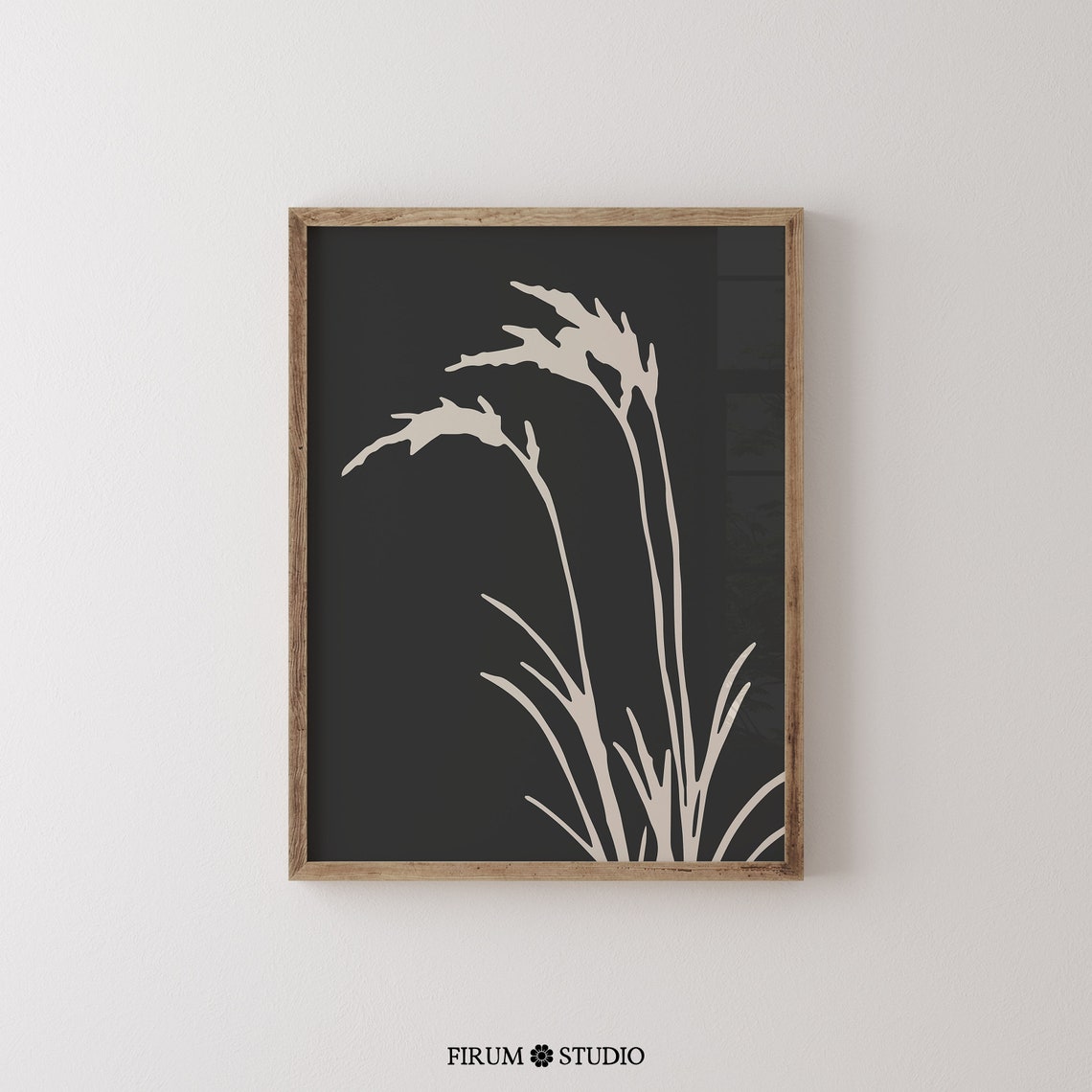White Grass Reeds Silhouette on Black Minimal Botanical Poster