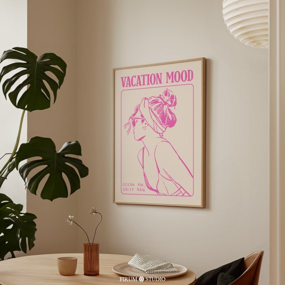 Vacation Mood Pink Print Trendy Beachy Wall Art Pastel Coastal Art Print Cute Summer Art Poster Surf Girl Wall Decor 0573