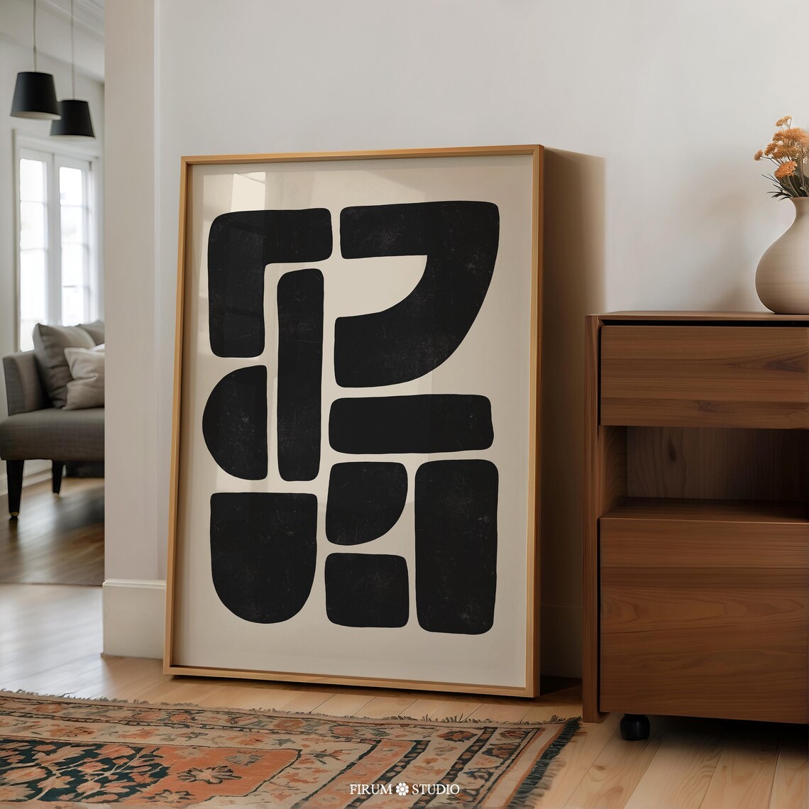 Geometric Shapes Beige Black Art Print, Mid-Century