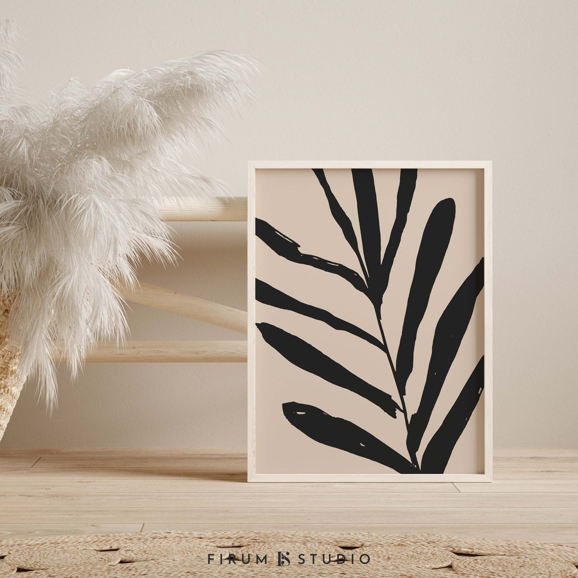 Black Palm Leaf Minimalist Beige Botanical Modern Decor Art Print - Image 2