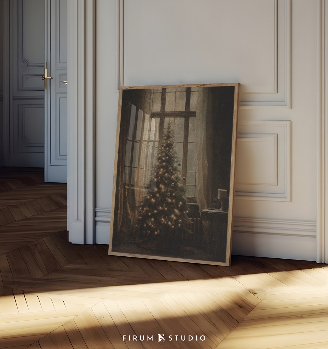 Moody Christmas Tree With Glowing Lights By Window Vintage Poster