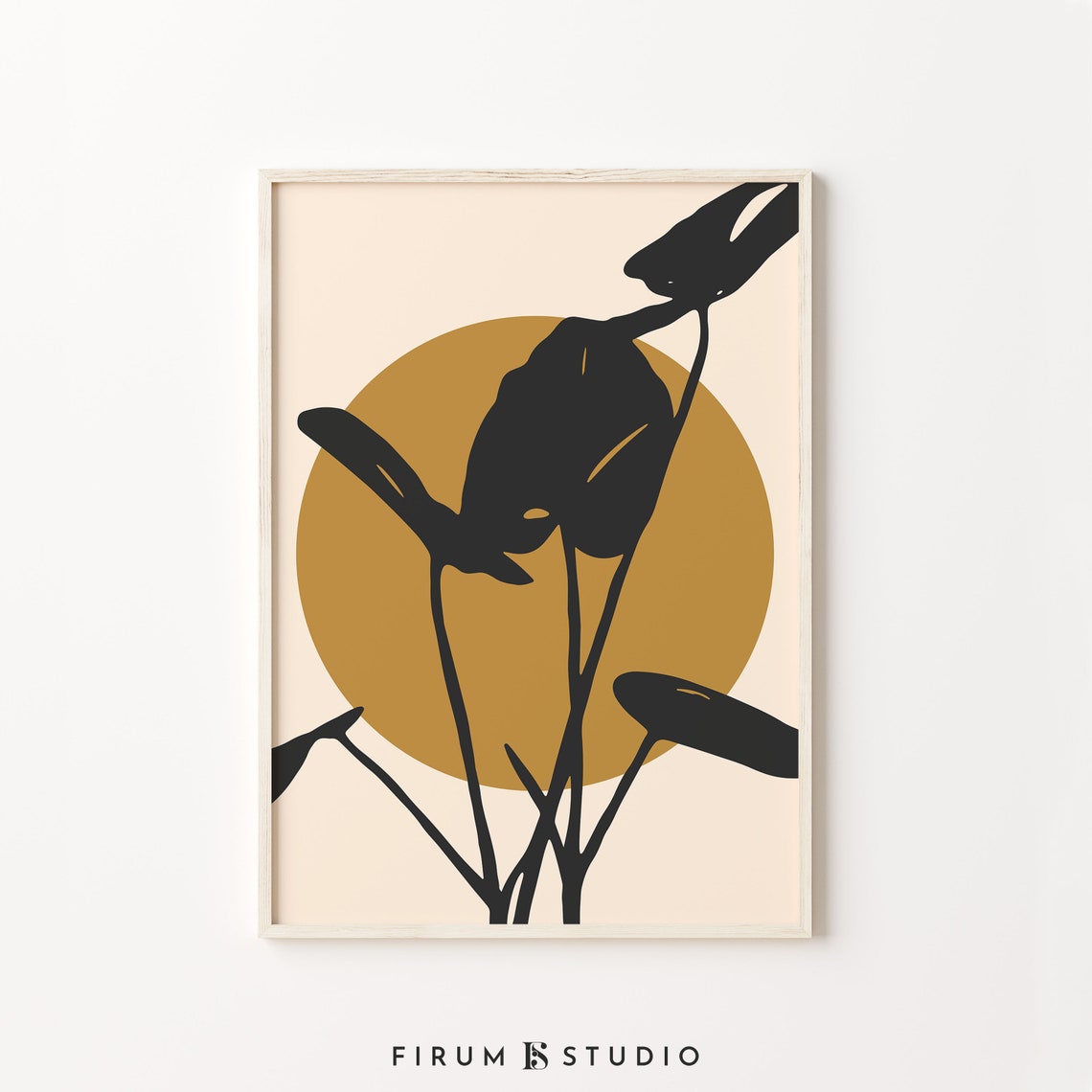 Black Leaf Silhouettes Gold Sun Circle Japandi Botanical Art Print - Image 2
