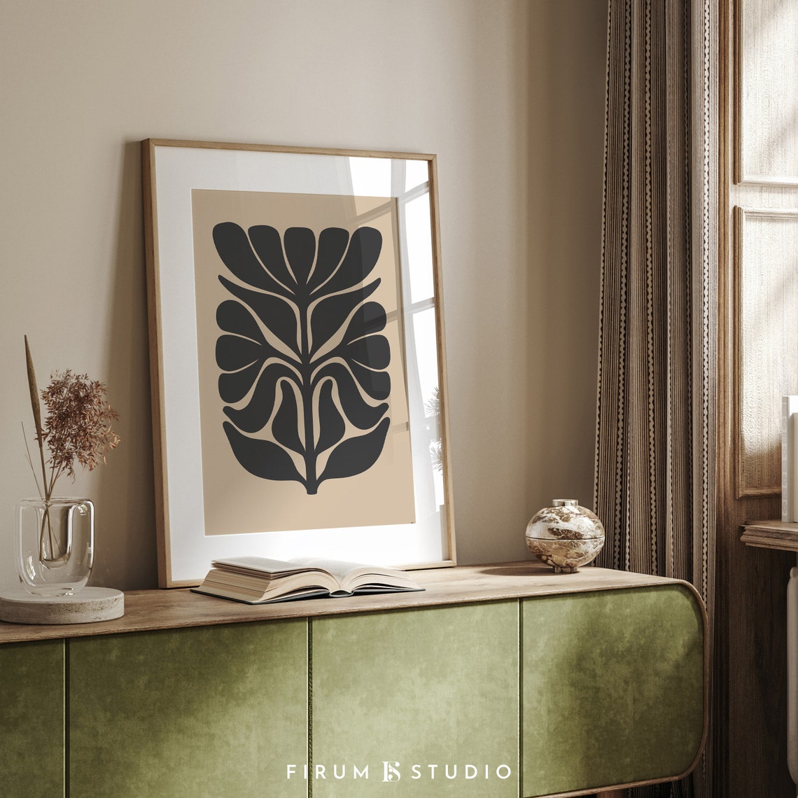 Black Abstract Floral Silhouette Neutral Beige Botanical Art Print