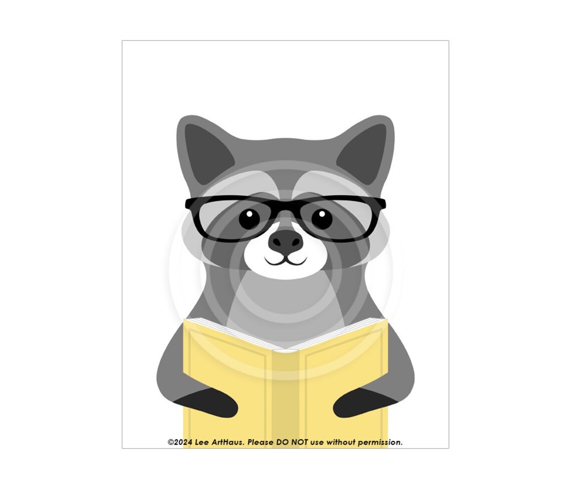 Cute Raccoon Reading Book With Glasses Green Forest Kids Room Decor Poster - Image 2