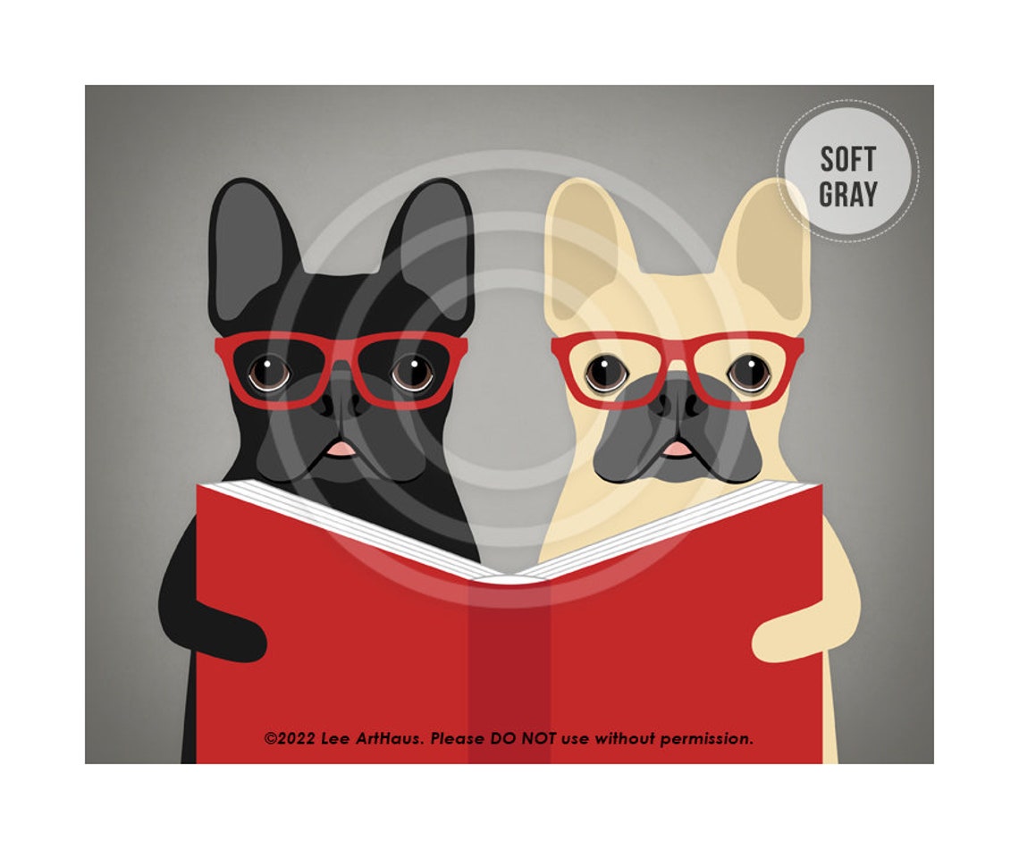 568dp Dog Home Decor Two French Bulldogs Reading Book Wall Art French Bulldog Drawing Book Lover Gift Dog Wearing Eyeglasses - Image 3