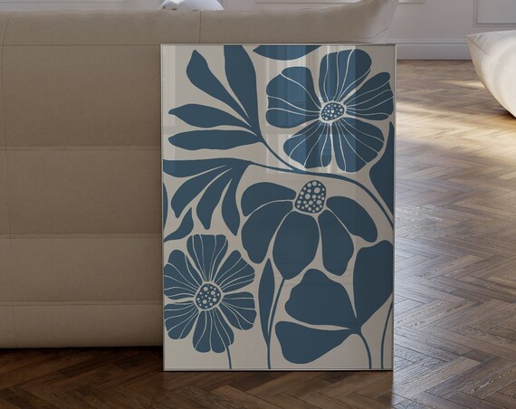 Abstract Blue Floral Art Print, Mid-Century Botanical