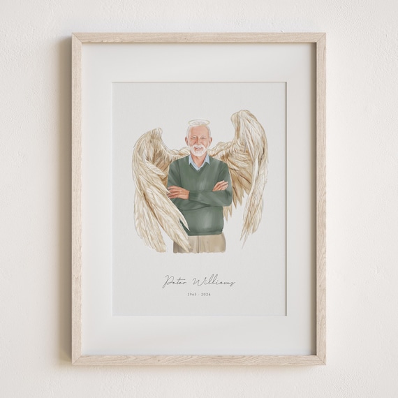 Custom Angel Wings Memorial Portrait Print With Halo and Name Dates