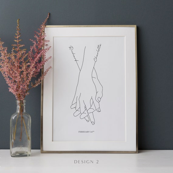 Girlfriend Personalised Gift Custom Valentines Day Print Gifts For Couples Gift For Her Gift For Him Love Heart Hand In Hand Line Art