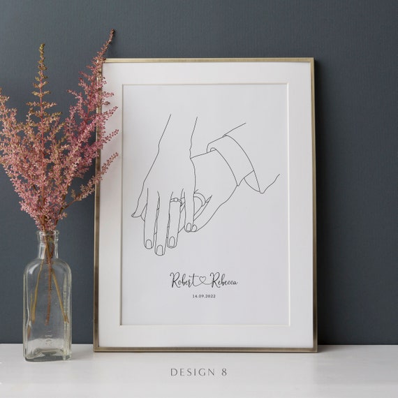 Personalised Couples Engagement Love Hands Valentines Gift For Wife Girlfriend Custom Gift For Husband Boyfriend Line Wall Art Drawing