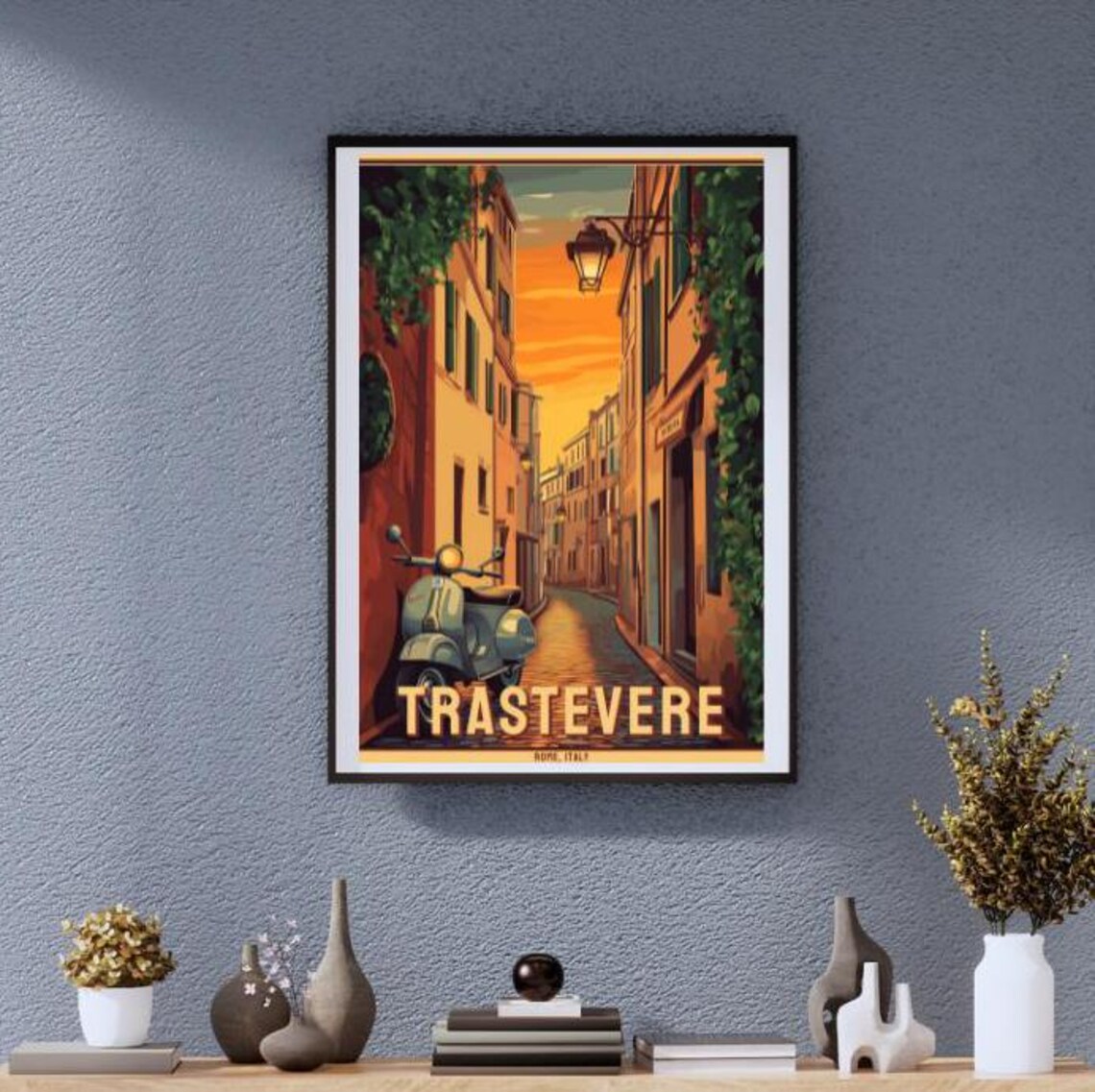 Vintage Trastevere Rome Italy Sunset Street Vespa Scooter Poster
