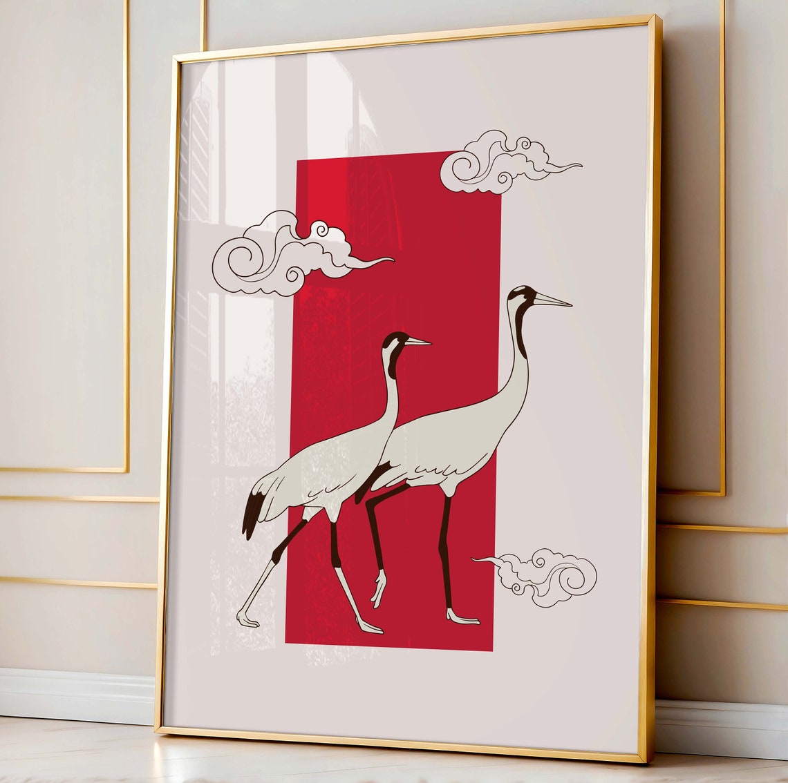 Japanese Red Crowned Cranes with Red Sun Minimalist Nature Art Poster
