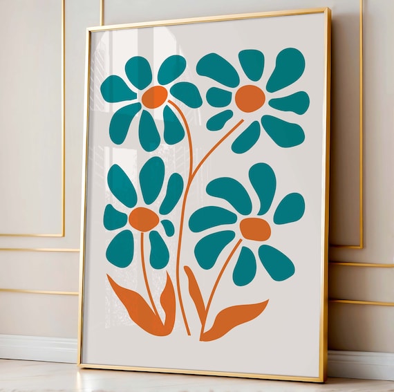 Teal Daisy Flowers Orange Stems Retro Botanical Room Art Poster