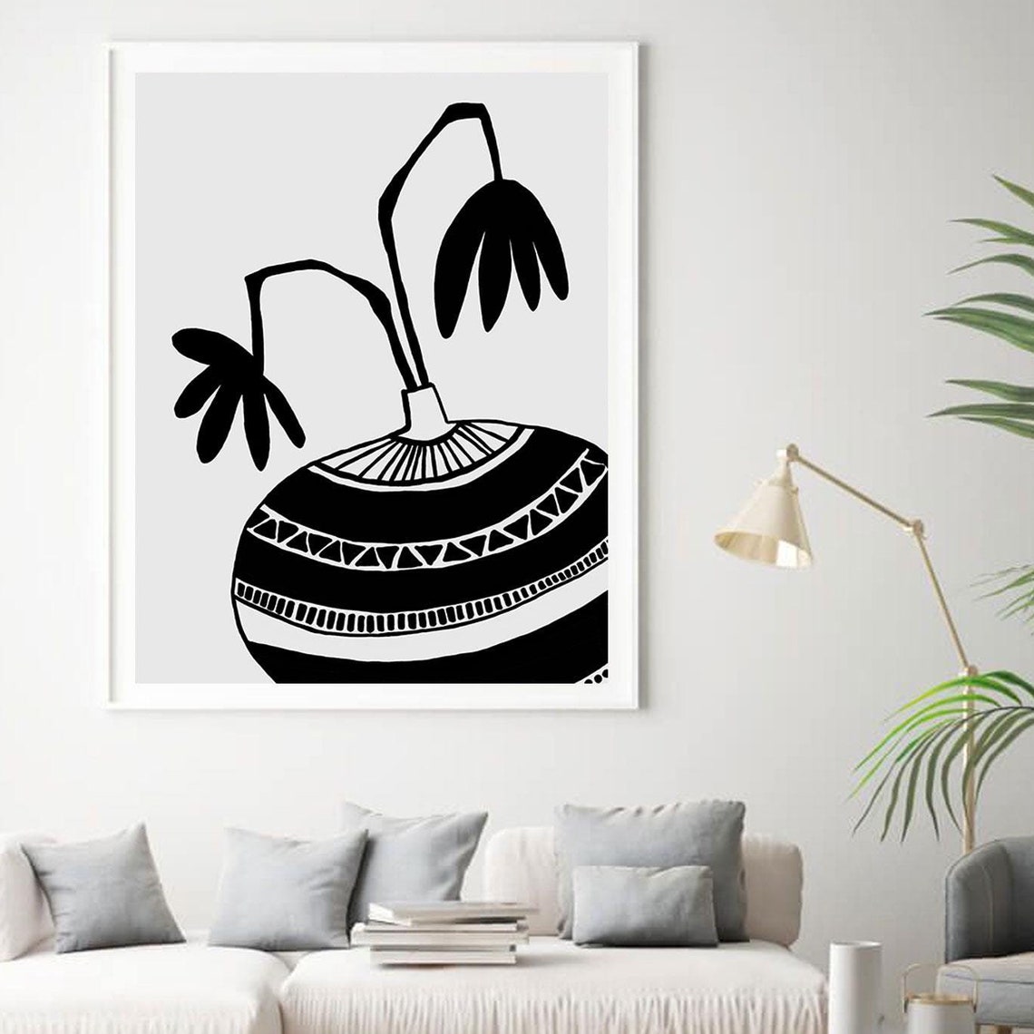 Black and White Patterned Vase Abstract Floral Silhouette Poster