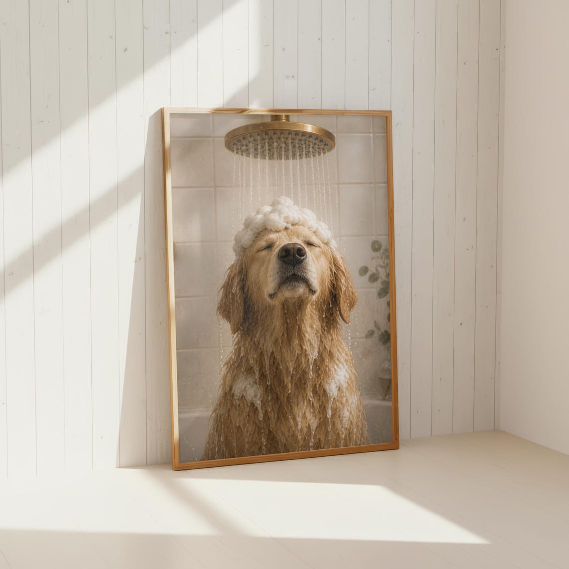 Funny Golden Retriever In Shower Soapy Dog Humor Bathroom Poster