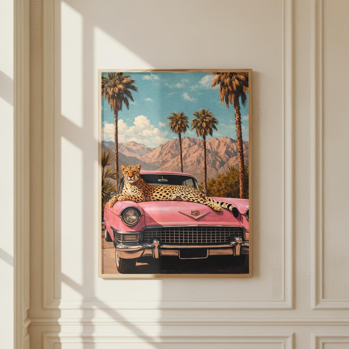 Leopard Pink Cadillac Retro California Palm Tree Poster