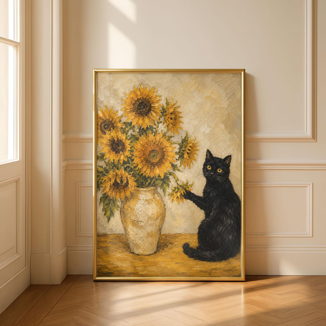 Black Cat and Sunflowers Poster Vintage Oil Painting Style Floral Art