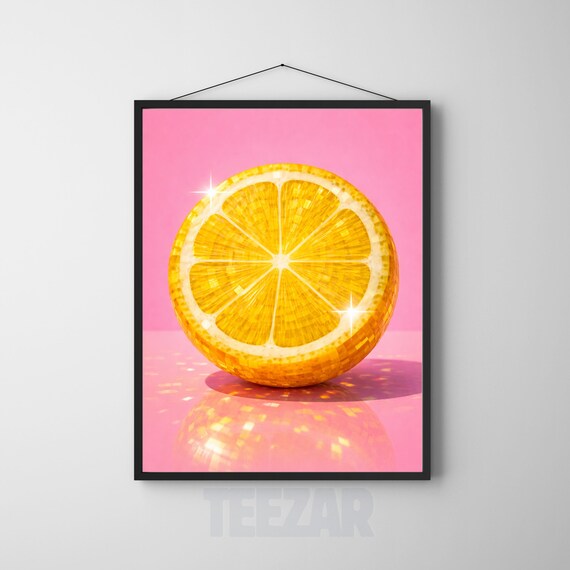 Disco Lemon Glitter Citrus Slice Pink Pop Art Kitchen Wall Poster