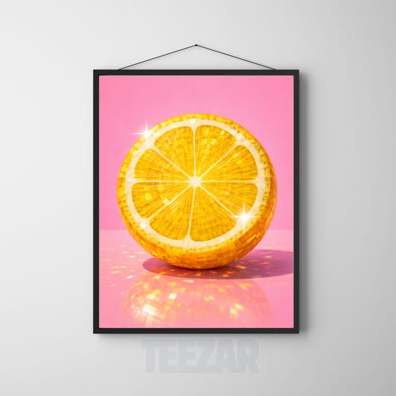 Disco Lemon Poster Pink Y2k Mirror Ball Fruit Print Bold Pop Art Wall
