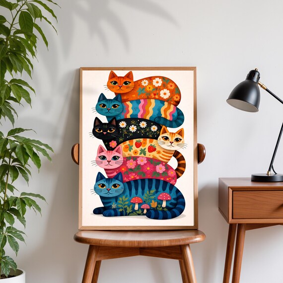 Colorful Stacked Cats Whimsical Floral Folk Art Kitty Lover Poster