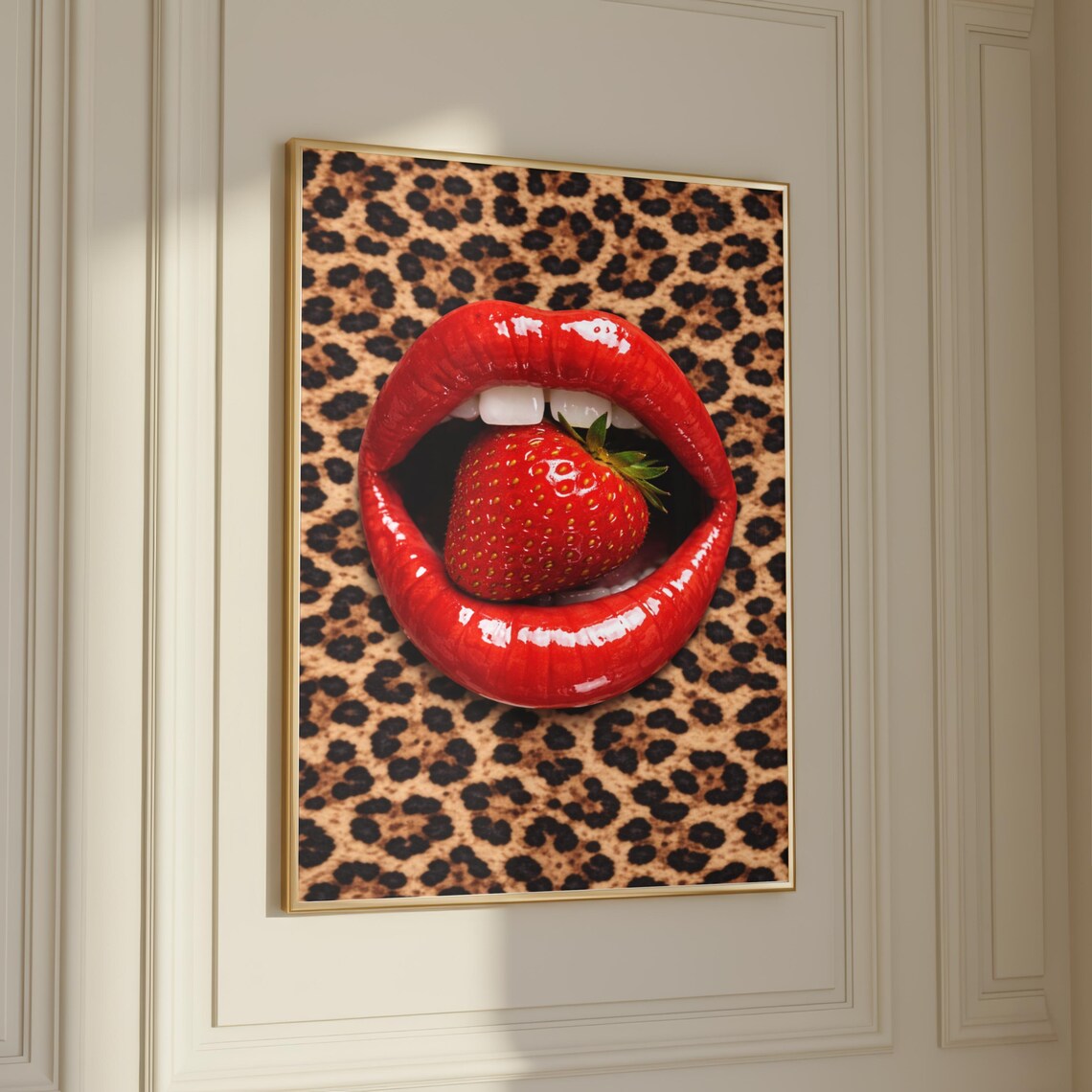 Strawberry Lips Leopard Print Poster, Bold Pop Art
