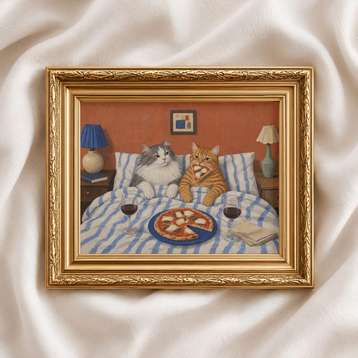 Cats Eating Pizza In Bed Whimsical Funny Bedroom Couple Poster