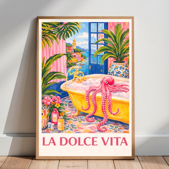 La Dolce Vita Octopus Bath Italian Coastal Maximalist Bathroom Poster