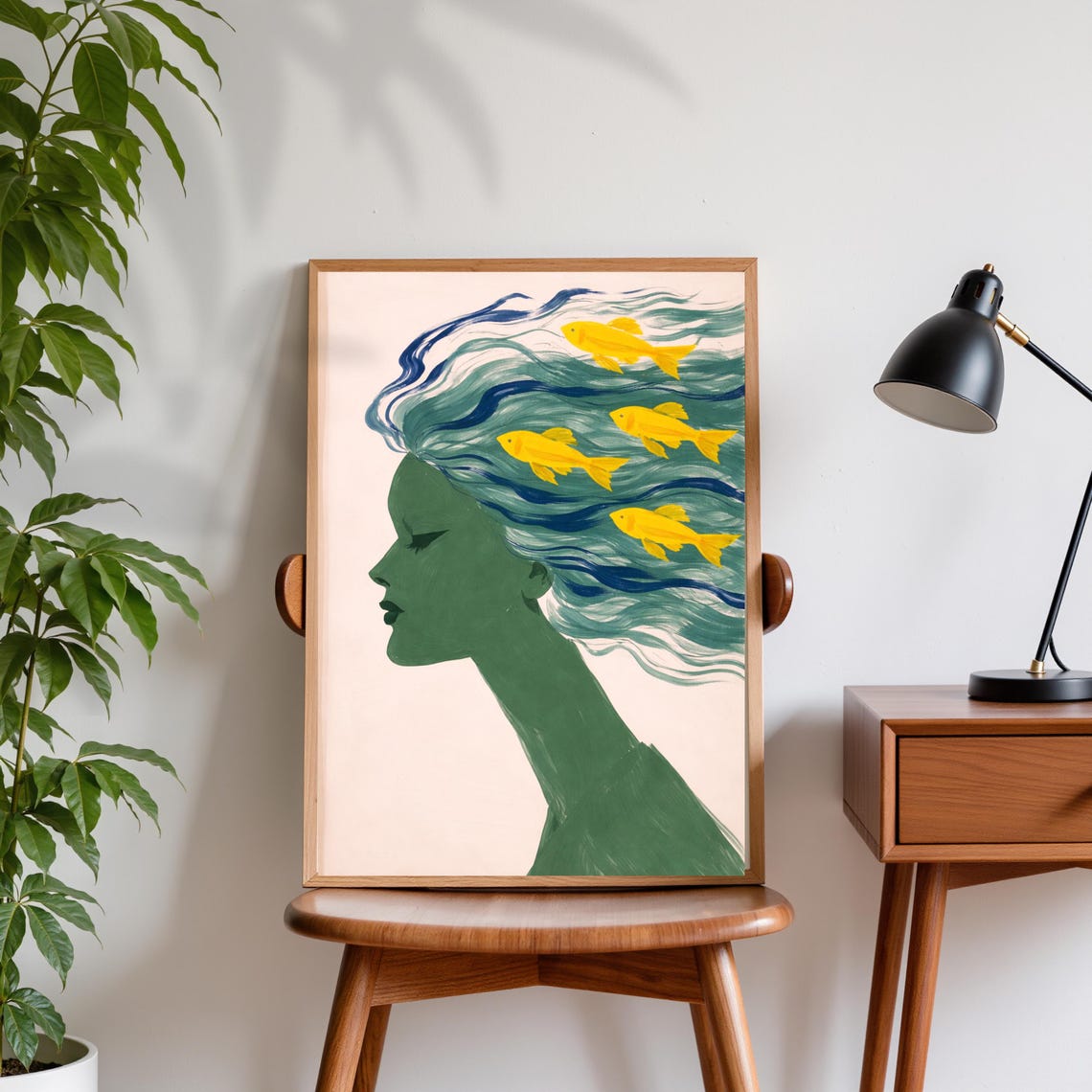Woman With Fish Hair Poster Surreal Ocean Wave Portrait Minimalist Art