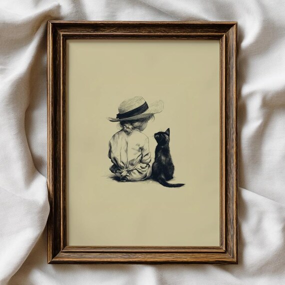 Little Girl in Straw Hat With Black Kitten Pencil Sketch Art Print