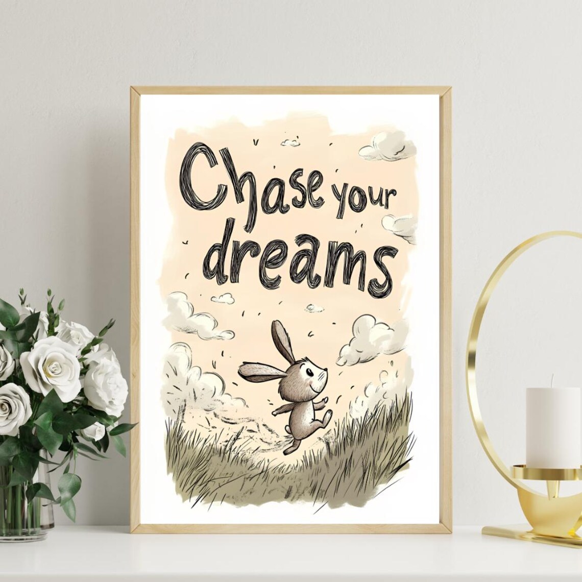Bunny Chase Your Dreams Poster Whimsical Running Rabbit Nursery Art