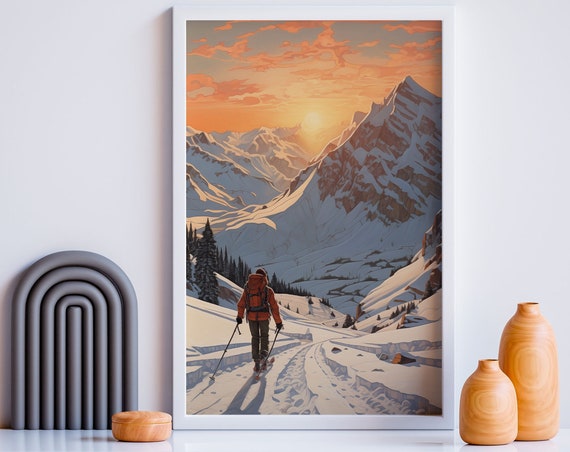 Retro Ski Wall Art Mountain Ski Poster Backcountry Landscape Skiing Print Vintage Downhill Ski Artwork Winter Wall Art Instant