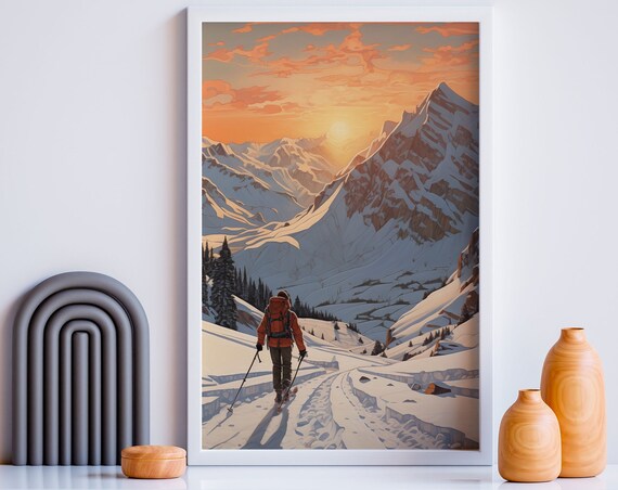 Sunset Hiker Red Backpack Snowy Ridge Alpine Golden Hour Wall Art
