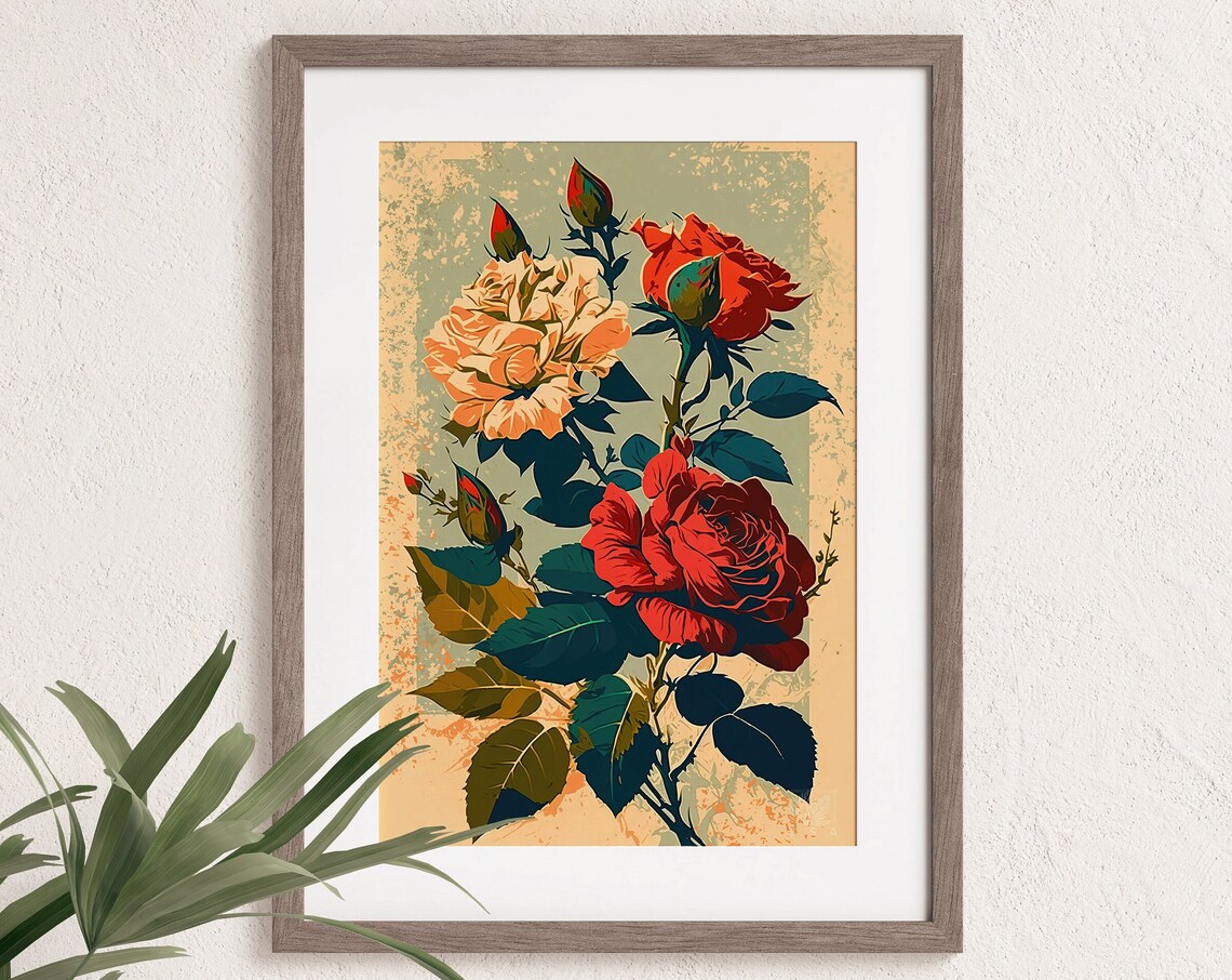 Vintage Style Red And Cream Roses Bouquet Romantic Floral Art Poster