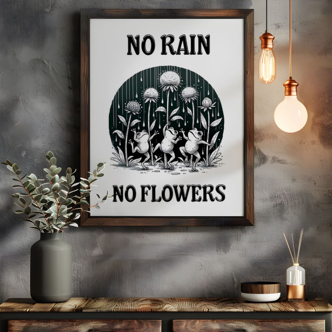No Rain No Flowers Funny Frog Dance Poster Black And White Rain Art - Image 3