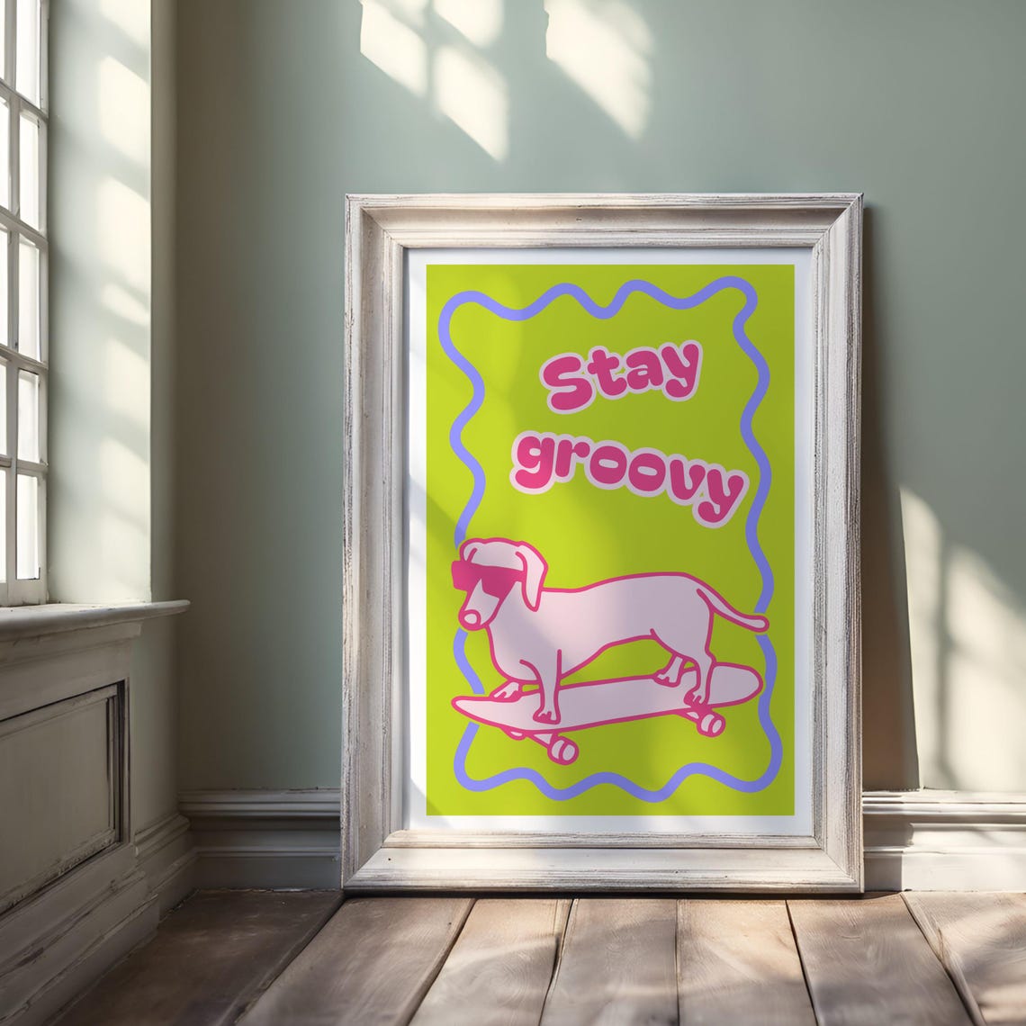 Stay Groovy Dachshund on Skateboard Poster with Neon Retro Colors - Image 3