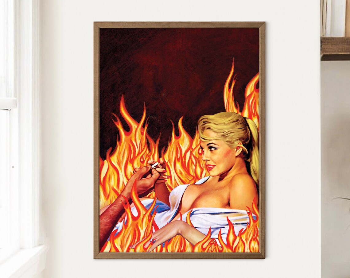 Blaze Of Passion Pinup Girl Lighting Flames Retro Surreal Poster