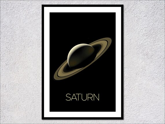 Saturn Planet Minimalist Space Art Poster Black Golden Rings Solar System