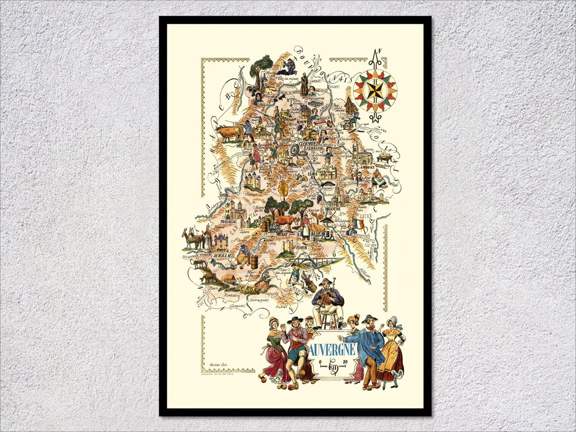 Auvergne France Vintage Pictorial Map Folk Dancers Wall Poster Print