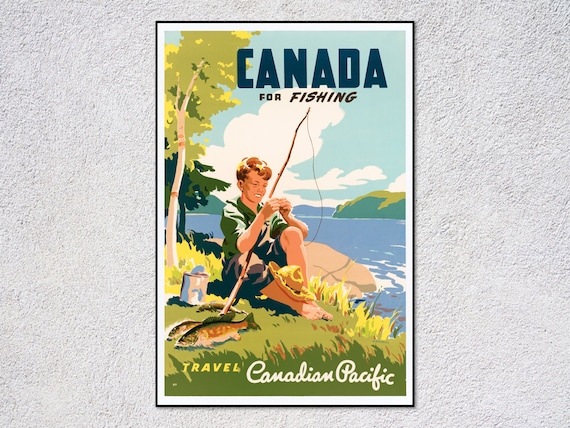 Canada for Fishing Boy Lakeside Catch Canadian Pacific Vintage Travel Poster