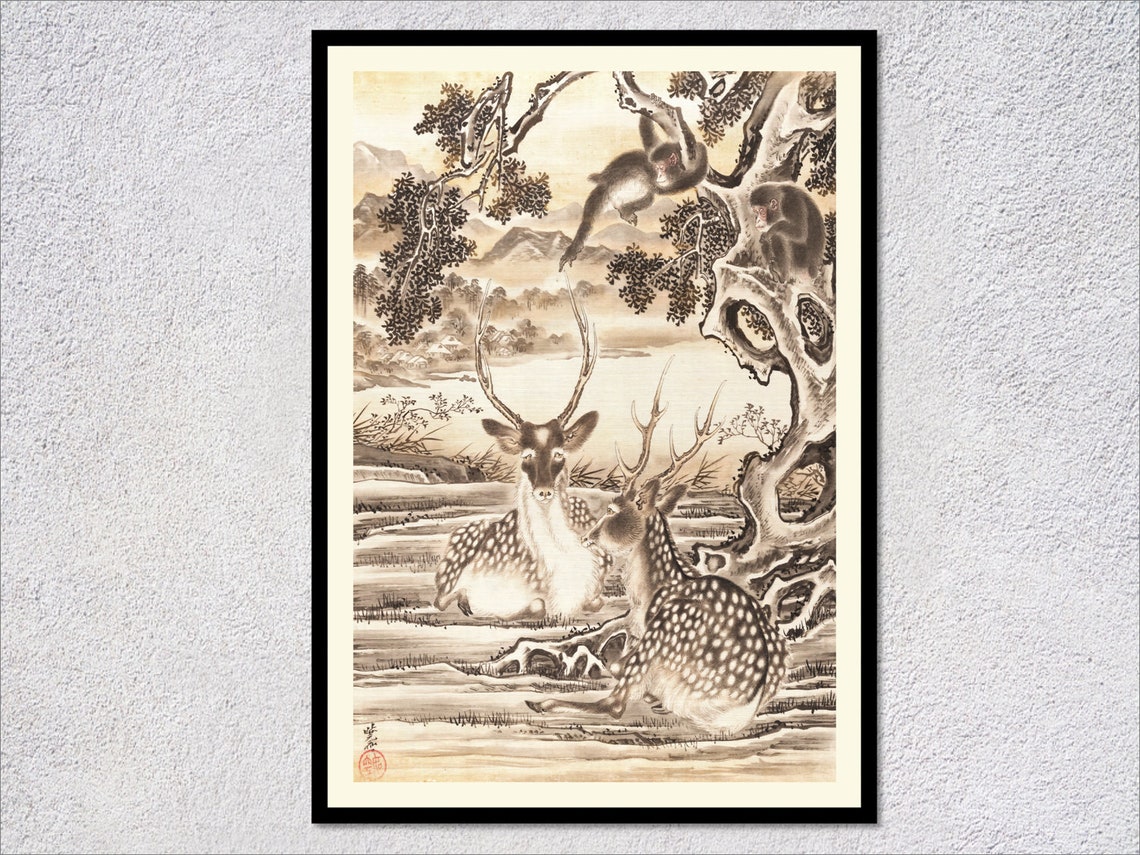 Kawanabe Kyosai Deer And Monkeys Print Ink Wash Resting Mountain Scene