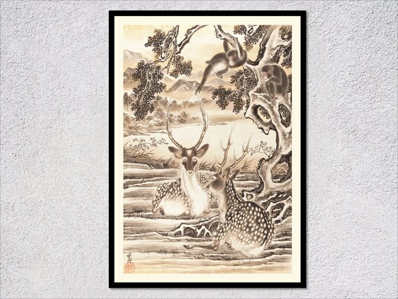 Kawanabe Kyosai Deer And Monkeys Print Ink Wash Resting Mountain Scene