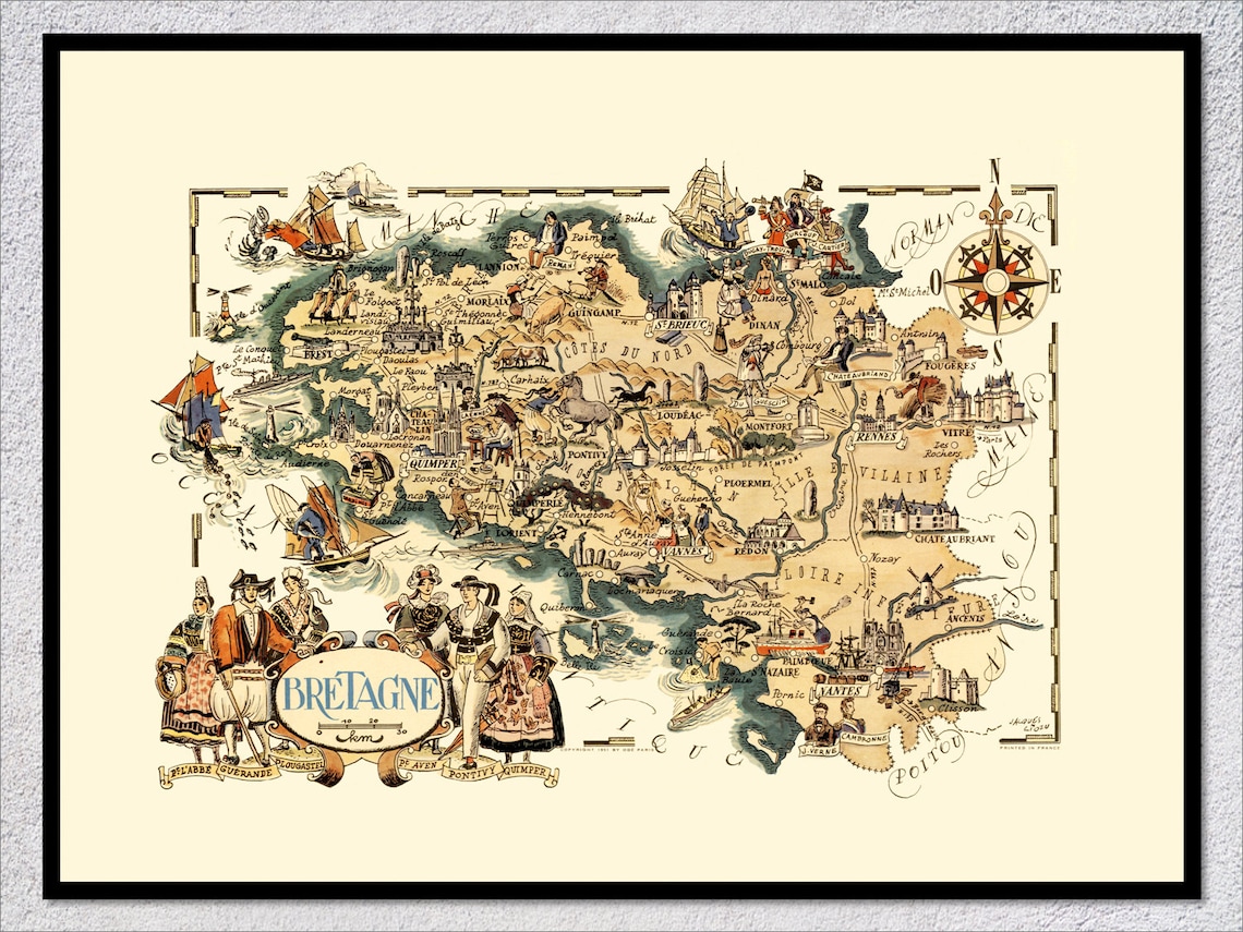Bretagne Beauty Vintage Travel Poster, France Map