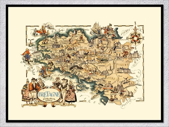 Bretagne Beauty Vintage Travel Poster, France Map
