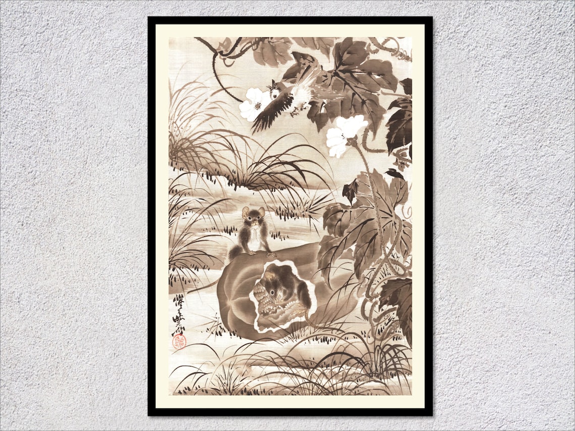 Kawanabe Kyosai Mice Nibbling Melon Print Sepia Ink Vine Bird Japanese Art