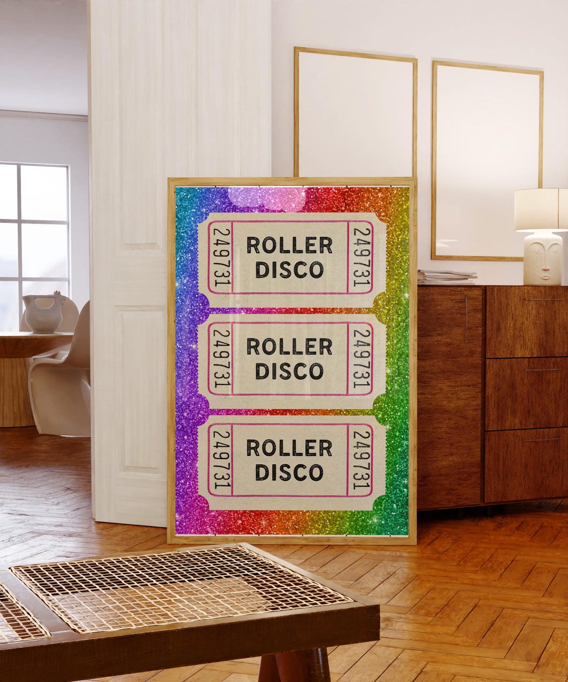 Roller Disco Vintage Ticket Stub Rainbow Glitter Retro Poster - Image 3
