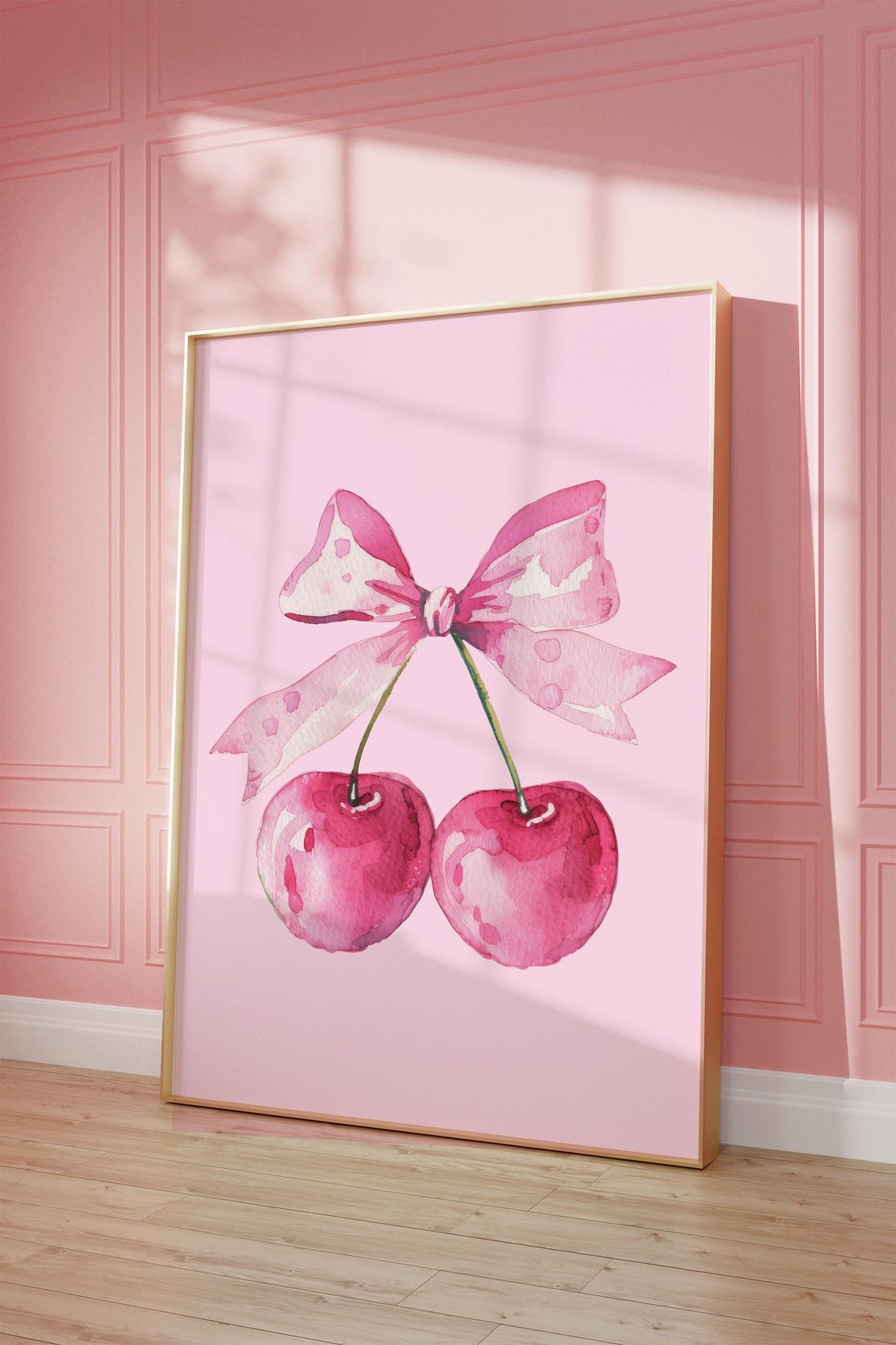 Pink Cherry Watercolor With Bow Coquette Girly Aesthetic Poster - Image 3