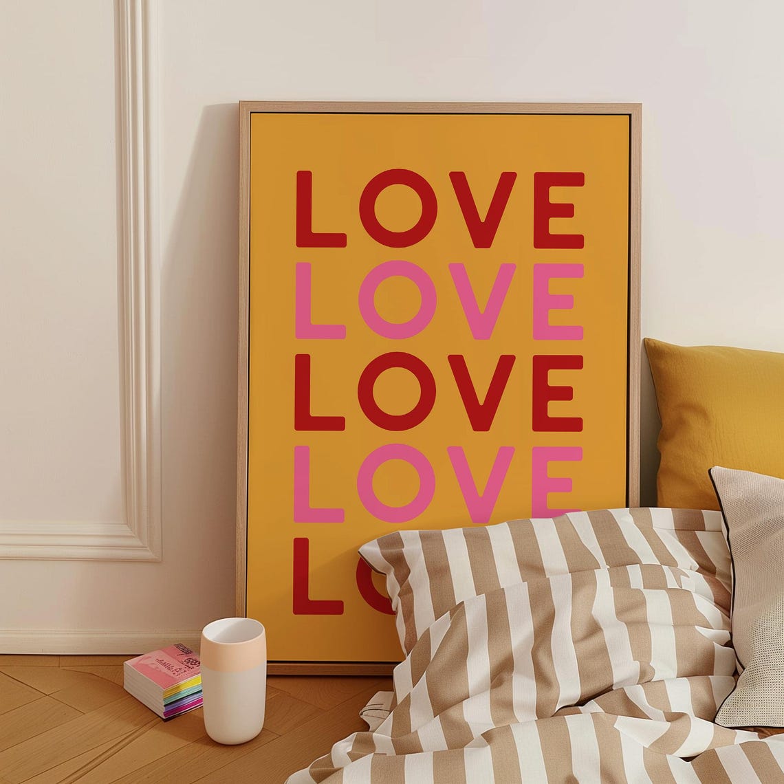 Love Repeated Bold Typography Yellow Red Pink Valentines Poster - Image 4
